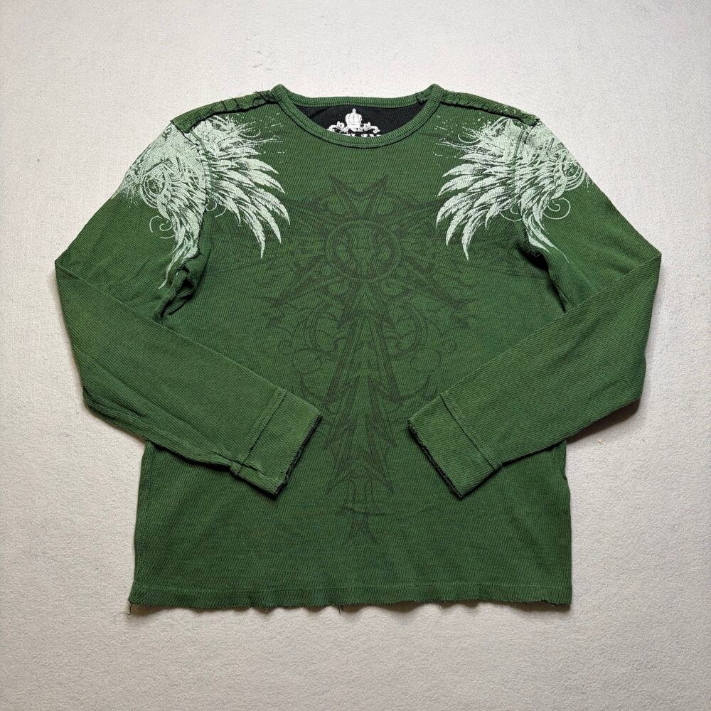 Helix Men’s Medium Green Thermal Long Sleeve Shirt Wing Graphic Grunge Y2K